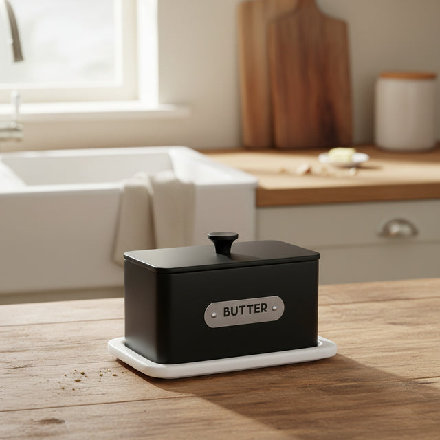 Orsina Butter Dish in Black with White Base, Perfect for Keeping Butter Fresh