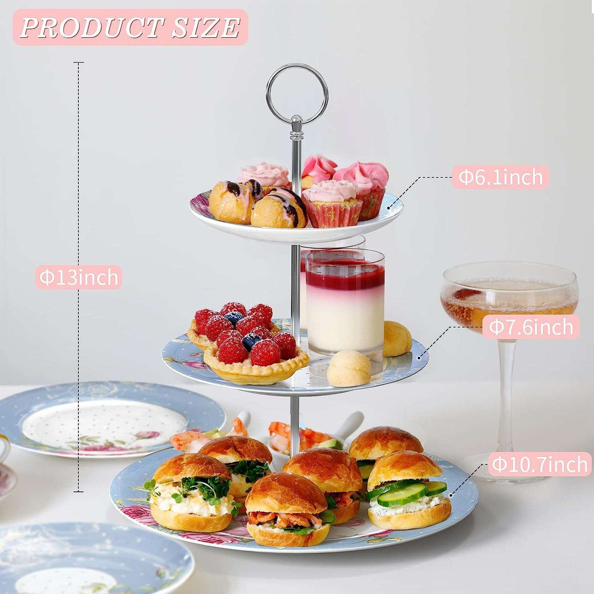 Elegant three-tier cake set displaying cupcakes, desserts, and sandwiches for stylish afternoon tea