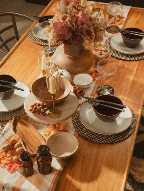 Orsina Cake Stand on a beautifully set dining table with autumn decor and tableware