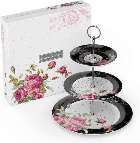 Elegant London Boutique Lifestyle Cake Stand with Floral Design and Three Tiers for Displaying Desserts