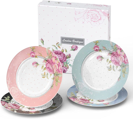Set of Floral London Boutique Lifestyle Plates in Pink and Blue with a Cake Stand for Elegant Serving