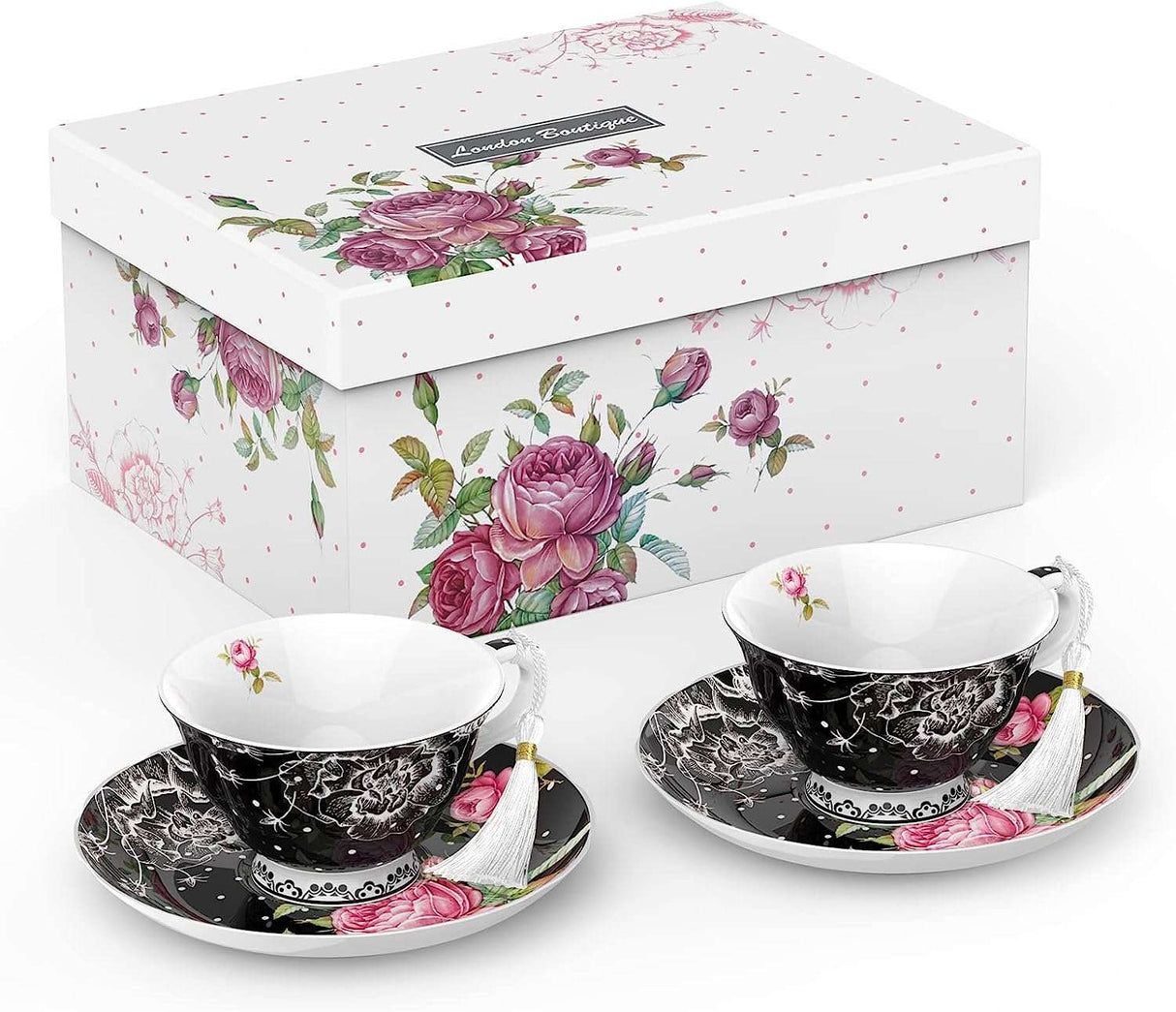 Elegant floral tea set with two cups and saucers, presented in a decorative box with a cake stand.