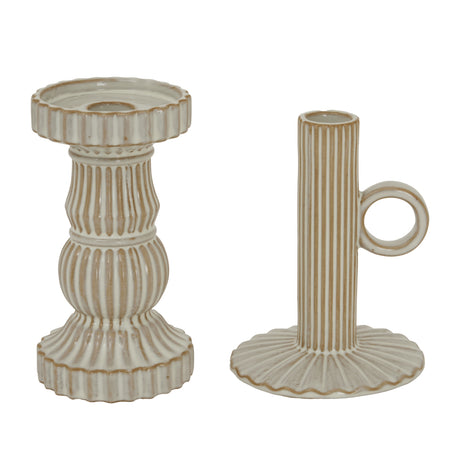 Elegant ceramic candle holder set in cream with textured ribbed design for festive decor