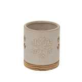 Ceramic Candle Holder with Snowflake Pattern and Wooden Base for Christmas Decor