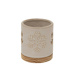 Ceramic Candle Holder with Snowflake Pattern and Wooden Base for Christmas Decor