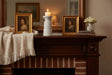 Elegant white Candle Holder on a rustic wooden mantel, surrounded by decorative frames and flowers