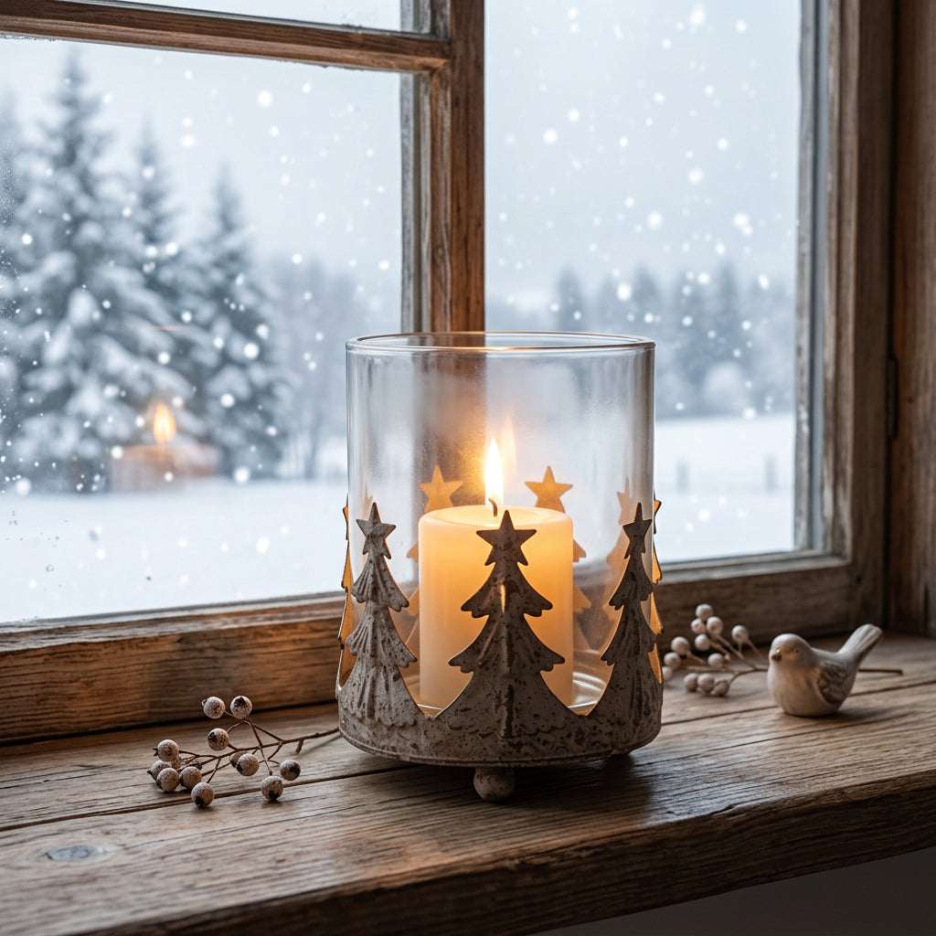 Shades 4 Seasons Candle Holder Featuring a Winter Scene with Trees and a Warm Candle Glow