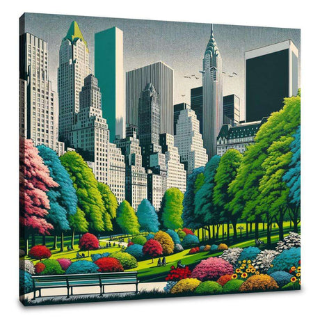 Vibrant canvas depicting a city park scene with colourful flowers and skyscrapers backdrop