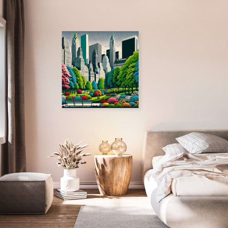 Vibrant urban park canvas artwork featuring a city skyline and lush greenery, ideal for home decor