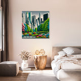 Vibrant urban park canvas artwork featuring a city skyline and lush greenery, ideal for home decor