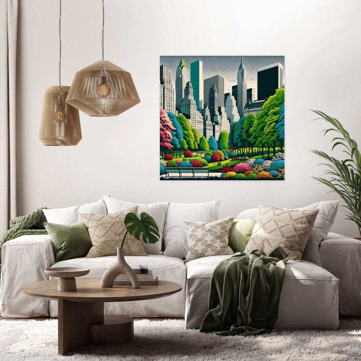 Beautiful cityscape canvas artwork depicting vibrant greenery and skyscrapers in a modern living room