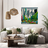Beautiful cityscape canvas artwork depicting vibrant greenery and skyscrapers in a modern living room