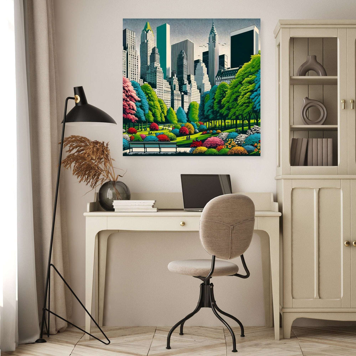 Vibrant cityscape canvas featuring lush greenery and skyscrapers, ideal for home decor