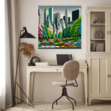 Vibrant cityscape canvas featuring lush greenery and skyscrapers, ideal for home decor