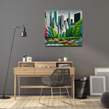 Vibrant cityscape canvas artwork featuring a park with colourful trees and skyscrapers