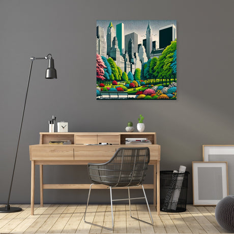 Vibrant cityscape canvas artwork featuring a park with colourful trees and skyscrapers