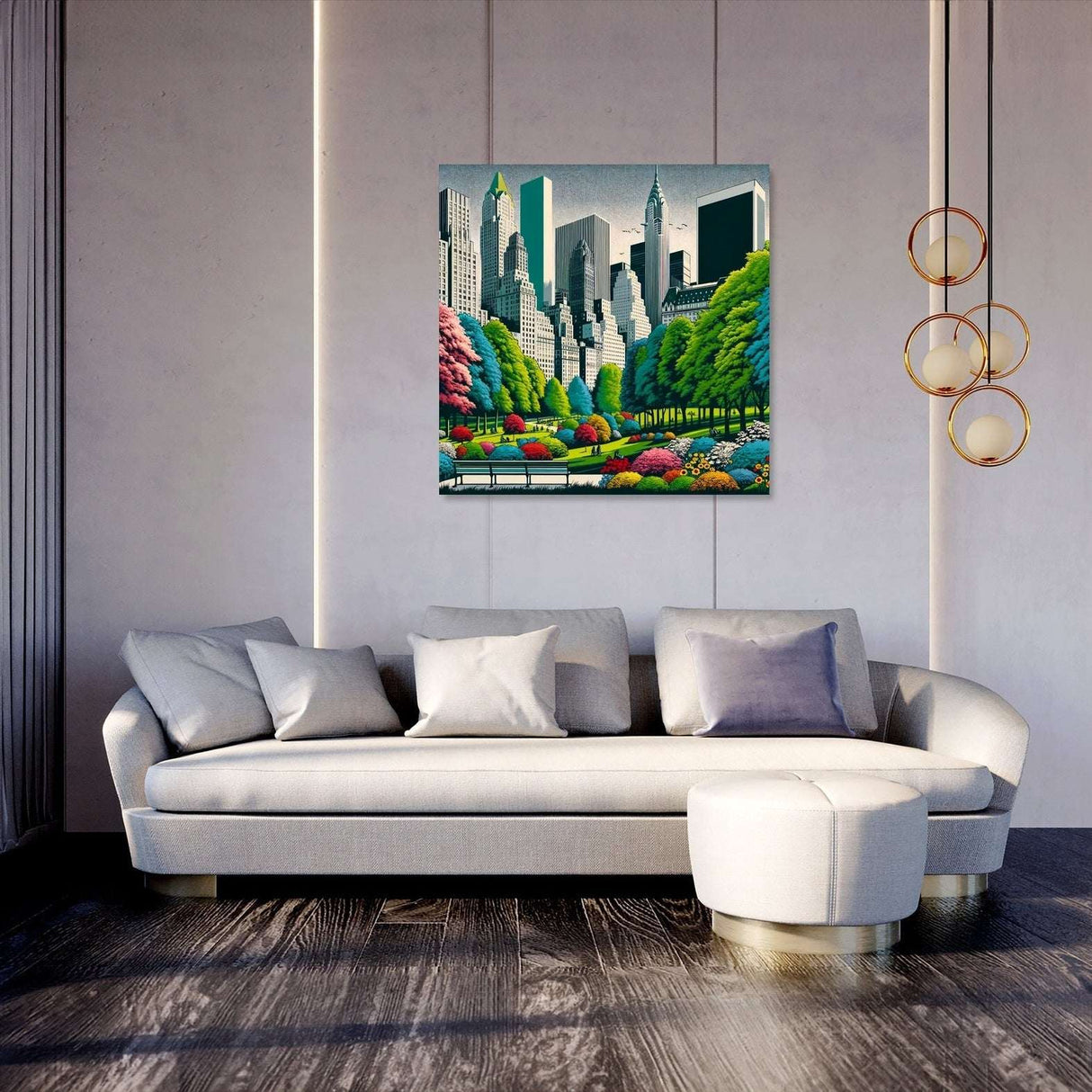 Vibrant urban landscape canvas showcasing a city skyline surrounded by lush greenery and colourful flowers