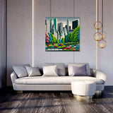 Vibrant urban landscape canvas showcasing a city skyline surrounded by lush greenery and colourful flowers