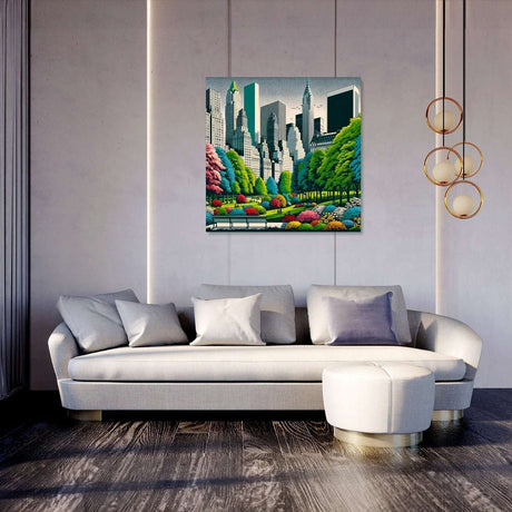 Vibrant urban landscape canvas showcasing a city skyline surrounded by lush greenery and colourful flowers