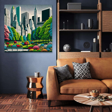Vibrant cityscape canvas featuring green trees and colourful flowers in a contemporary living space