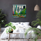 Vibrant cityscape canvas featuring greenery and skyscrapers, perfect for modern home decor