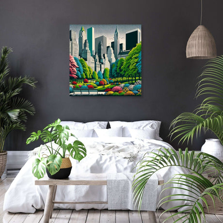 Vibrant cityscape canvas featuring greenery and skyscrapers, perfect for modern home decor