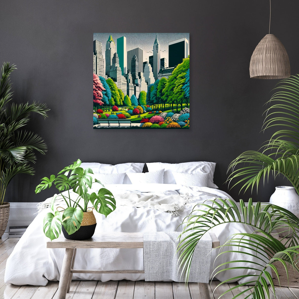 Vibrant cityscape canvas featuring greenery and skyscrapers, perfect for modern home decor