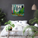Vibrant cityscape canvas featuring greenery and skyscrapers, perfect for modern home decor