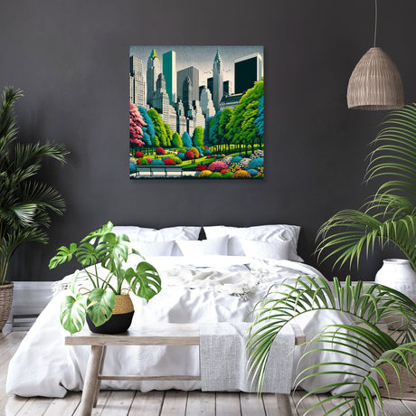 Vibrant cityscape canvas featuring greenery and skyscrapers, perfect for modern home decor