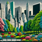 Vibrant cityscape canvas featuring lush green parks and colourful flowers amidst tall buildings