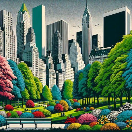 Vibrant cityscape canvas featuring lush green parks and colourful flowers amidst tall buildings