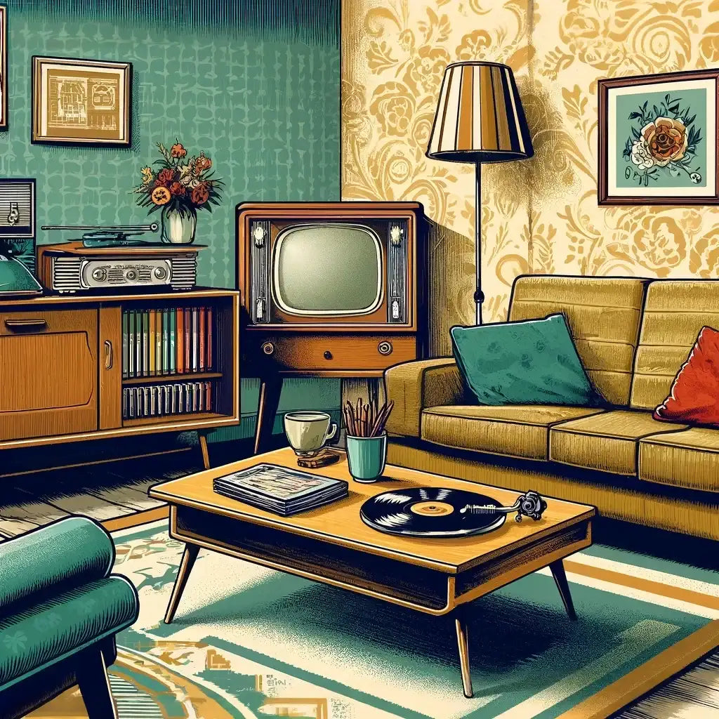 Retro living room canvas featuring vintage furniture, record player, and nostalgic decor