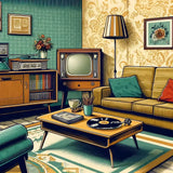 Retro living room canvas featuring vintage furniture, record player, and nostalgic decor