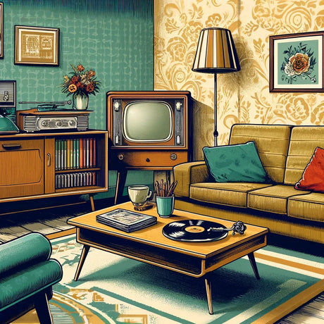 Retro living room canvas featuring vintage furniture, record player, and nostalgic decor