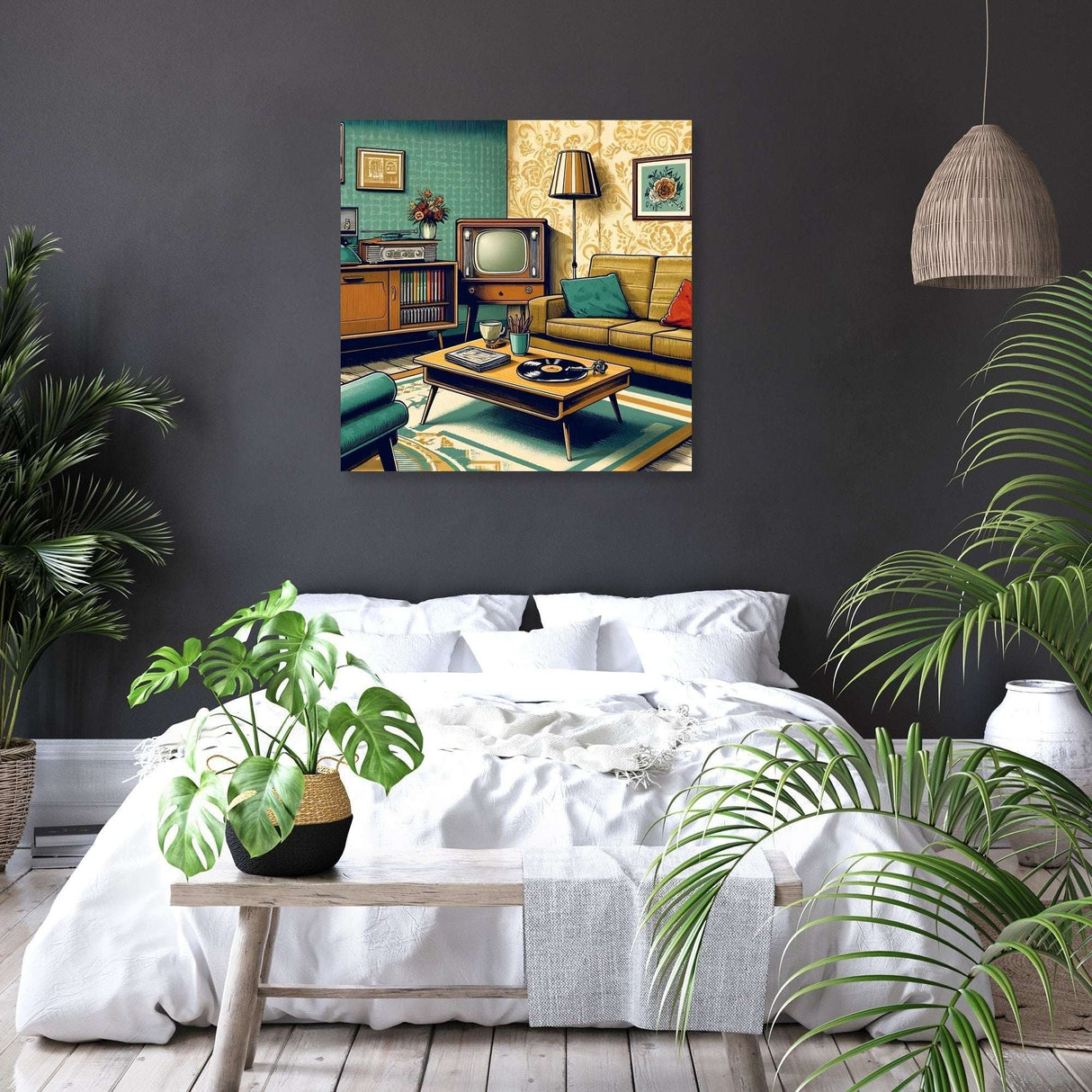 Vibrant canvas artwork depicting a retro living room with plants and vintage furniture