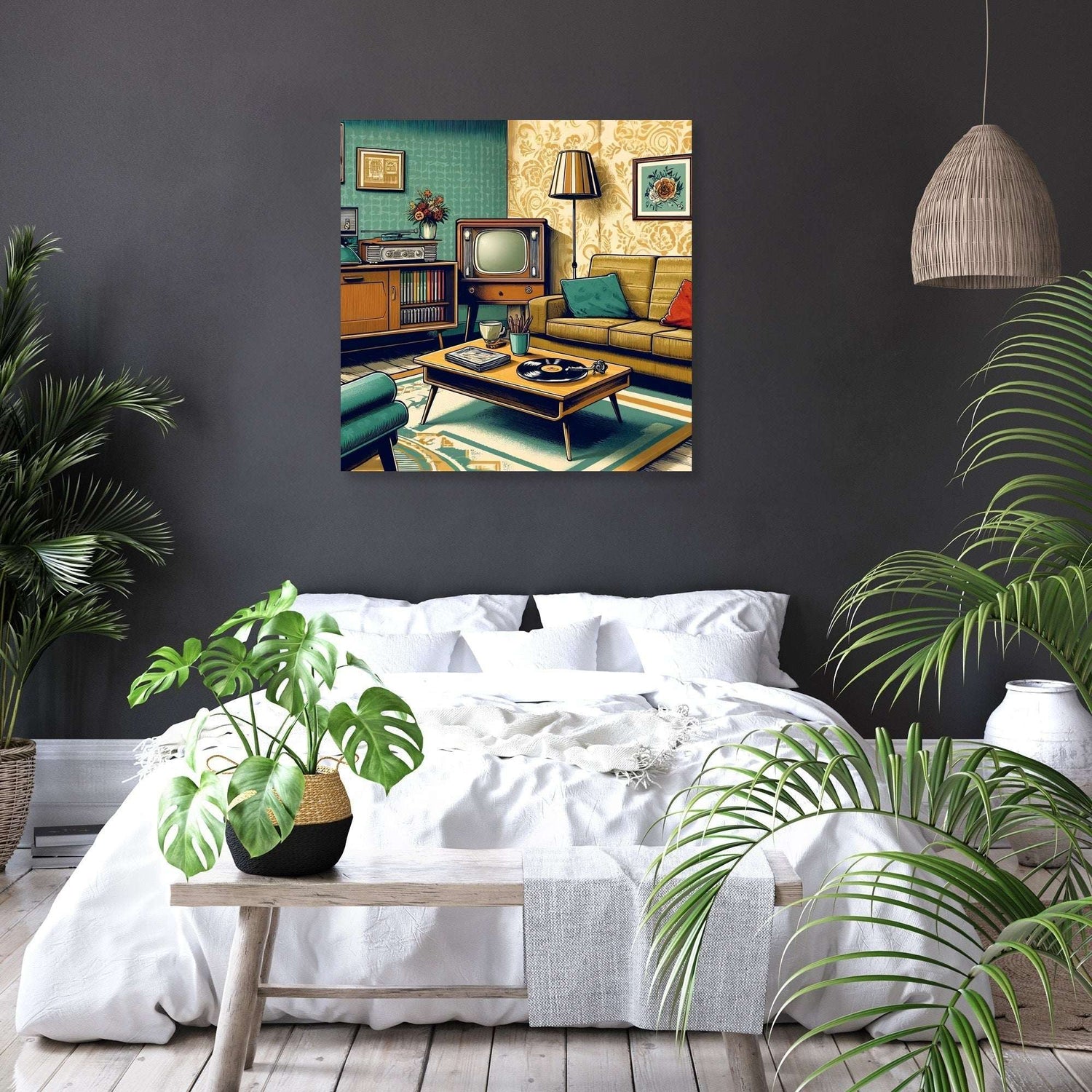 Vibrant canvas artwork depicting a retro living room with plants and vintage furniture