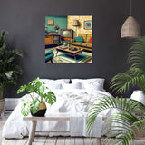 Vibrant canvas artwork depicting a retro living room with plants and vintage furniture