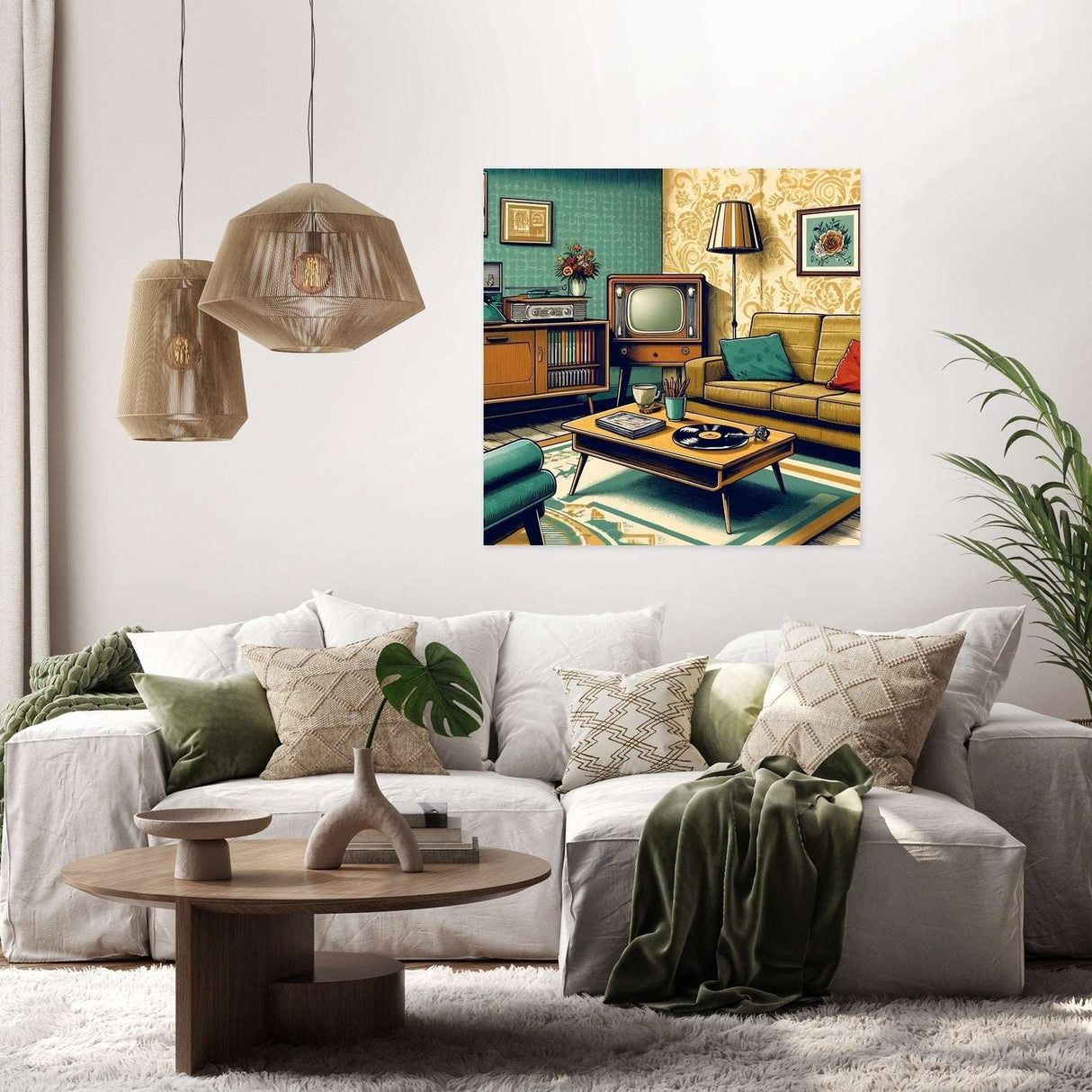 Retro living room canvas artwork featuring vintage furniture and decor in a cosy setting