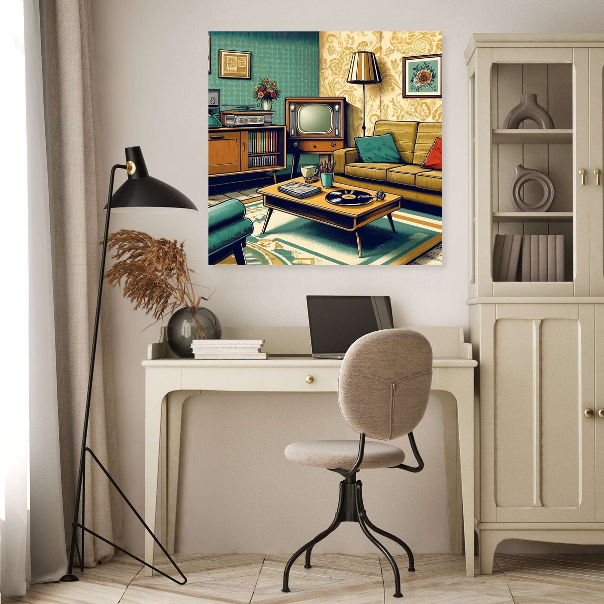 Colourful living room wall art on canvas featuring vintage furniture and a retro television