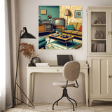 Colourful living room wall art on canvas featuring vintage furniture and a retro television