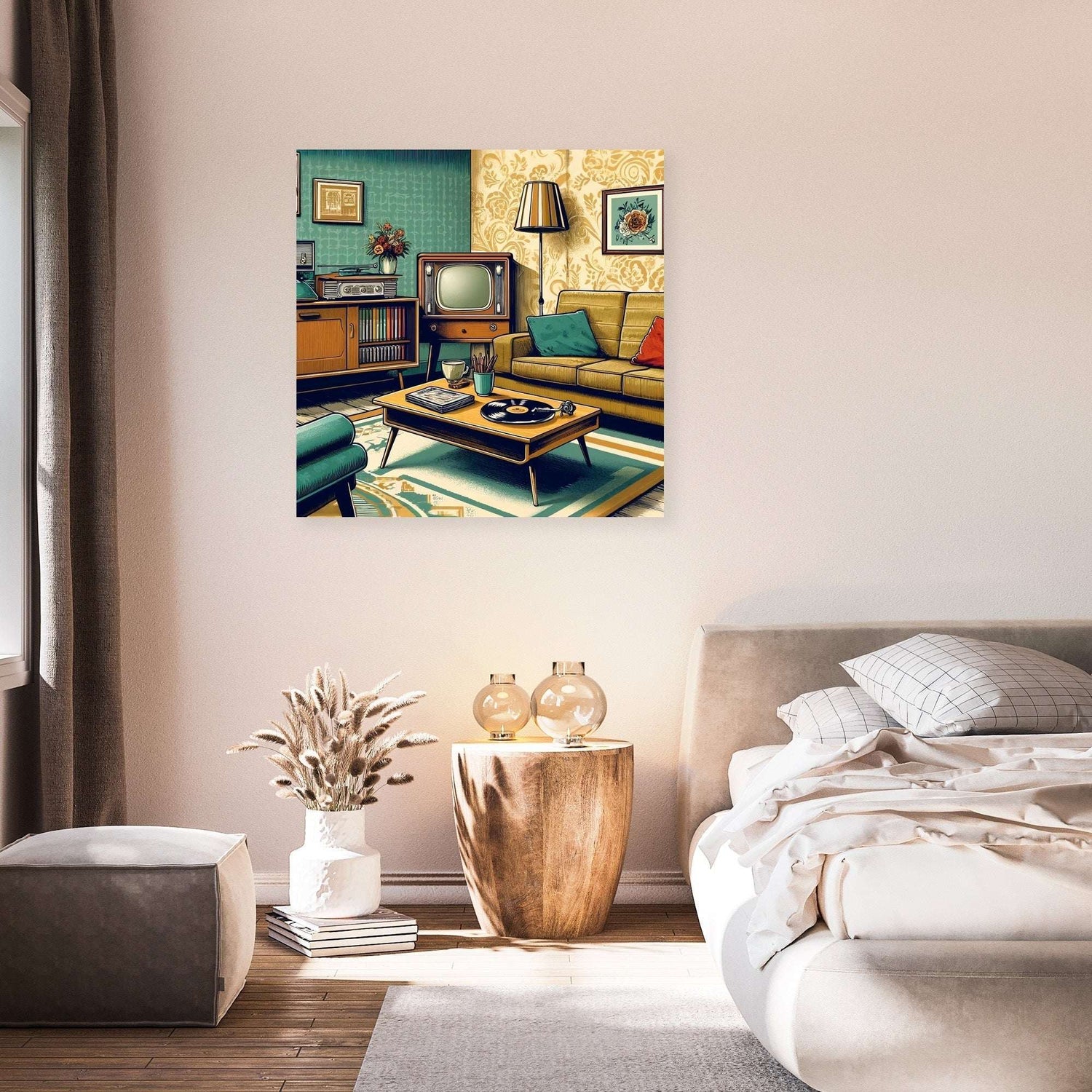 Retro-inspired canvas artwork depicting a cosy living room with vintage furnishings
