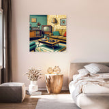 Retro-inspired canvas artwork depicting a cosy living room with vintage furnishings