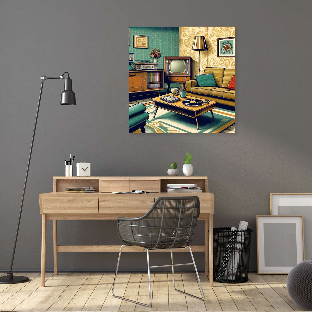 Vintage living room artwork on canvas, featuring retro furniture and decor by HOME ART HAVEN