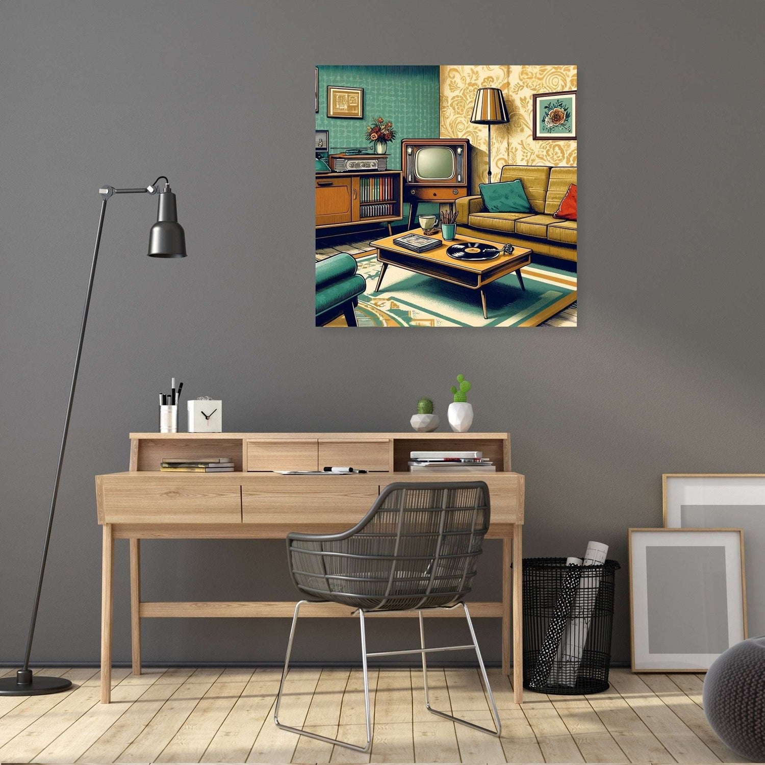 Vintage living room artwork on canvas, featuring retro furniture and decor by HOME ART HAVEN