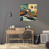 Vintage living room artwork on canvas, featuring retro furniture and decor by HOME ART HAVEN