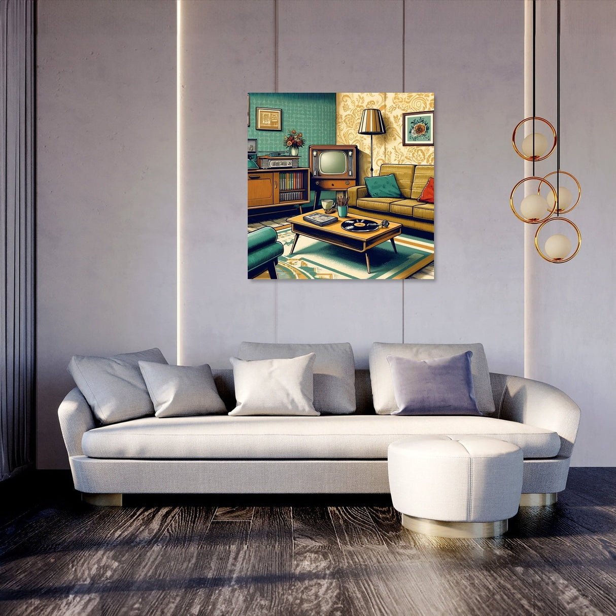 Retro living room canvas artwork featuring vintage furniture and a classic television for stylish home decor