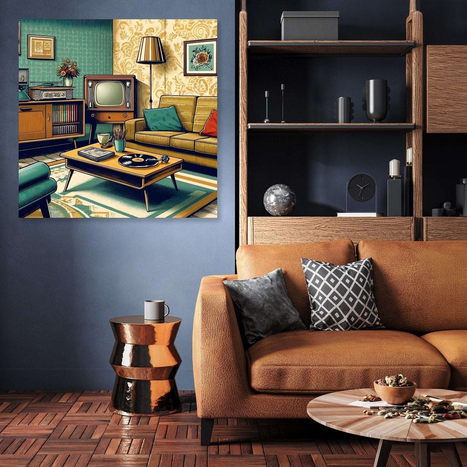 Retro style canvas featuring a vintage living room with a television and stylish furniture