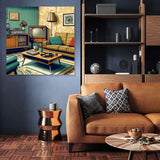 Retro style canvas featuring a vintage living room with a television and stylish furniture