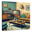 Vintage living room canvas featuring retro furniture and decor with a vinyl record player