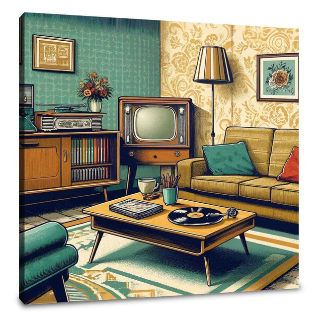 Vintage living room canvas featuring retro furniture and decor with a vinyl record player